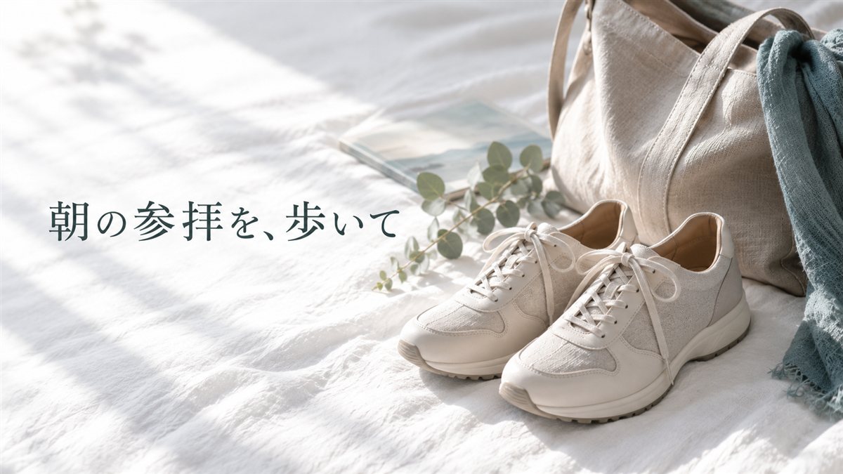 朝の参拝を、歩いて。シューズとバッグ