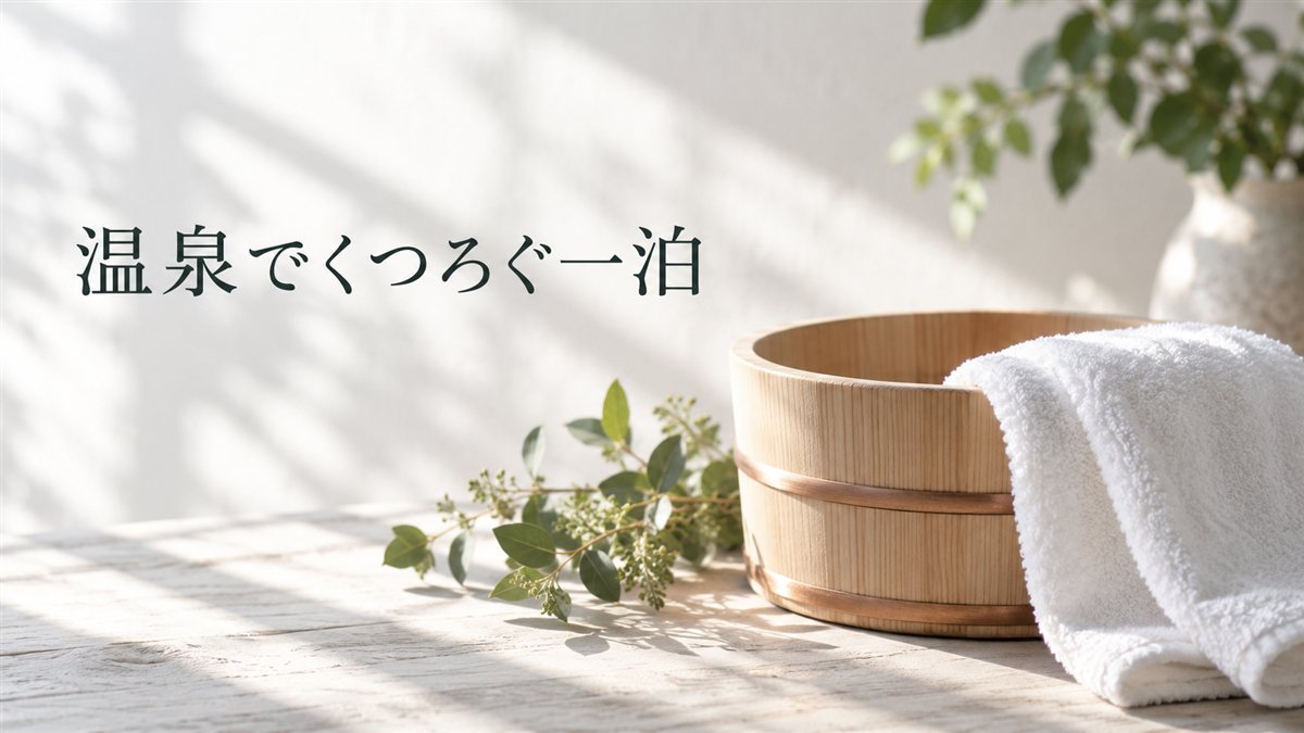温泉でくつろぐ一泊。木桶と白いタオル