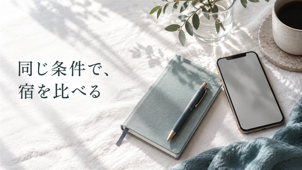 同じ条件で、宿を比べる。ノートとスマートフォン