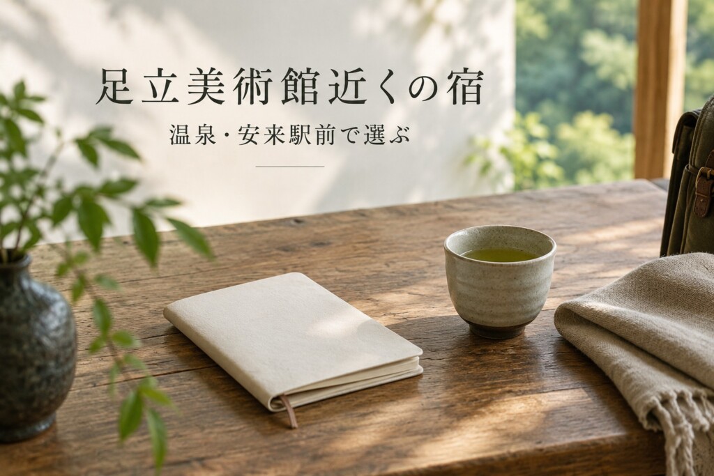 足立美術館近くの宿を温泉と安来駅前で選ぶ、旅手帳と湯のみの静物