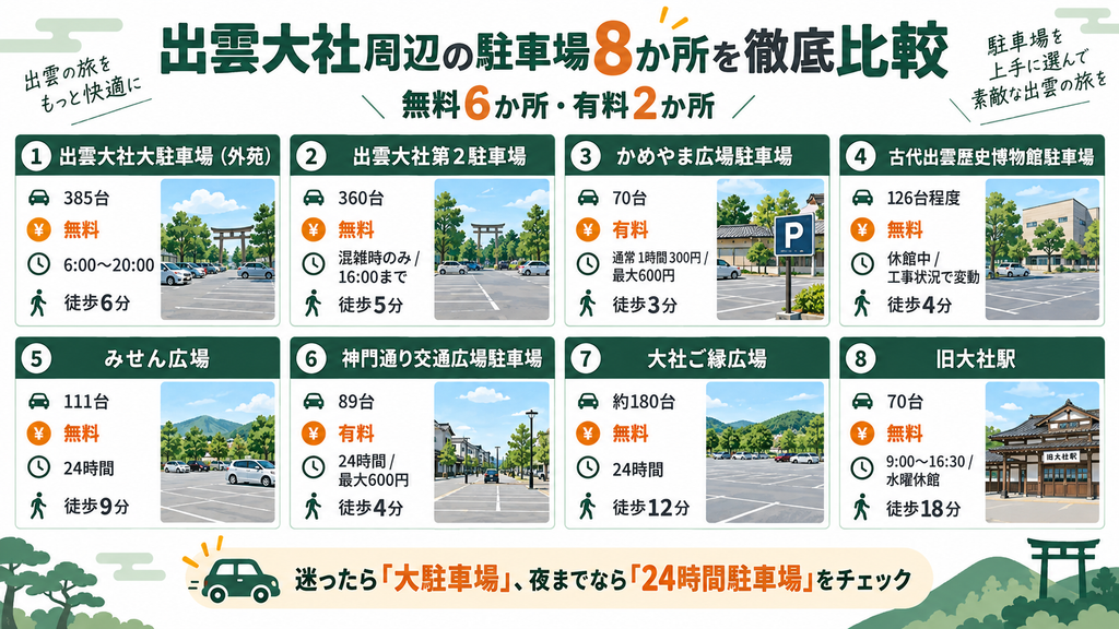 出雲大社周辺の駐車場8か所を徹底比較