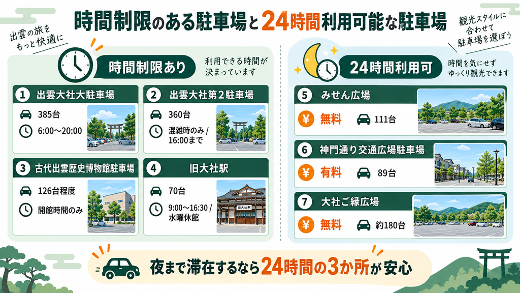 時間制限のある駐車場と24時間利用可能な駐車場