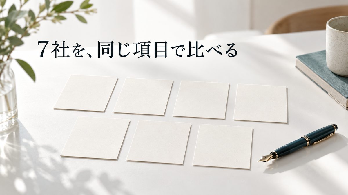 7社を、同じ項目で比べる。紙のカードと万年筆