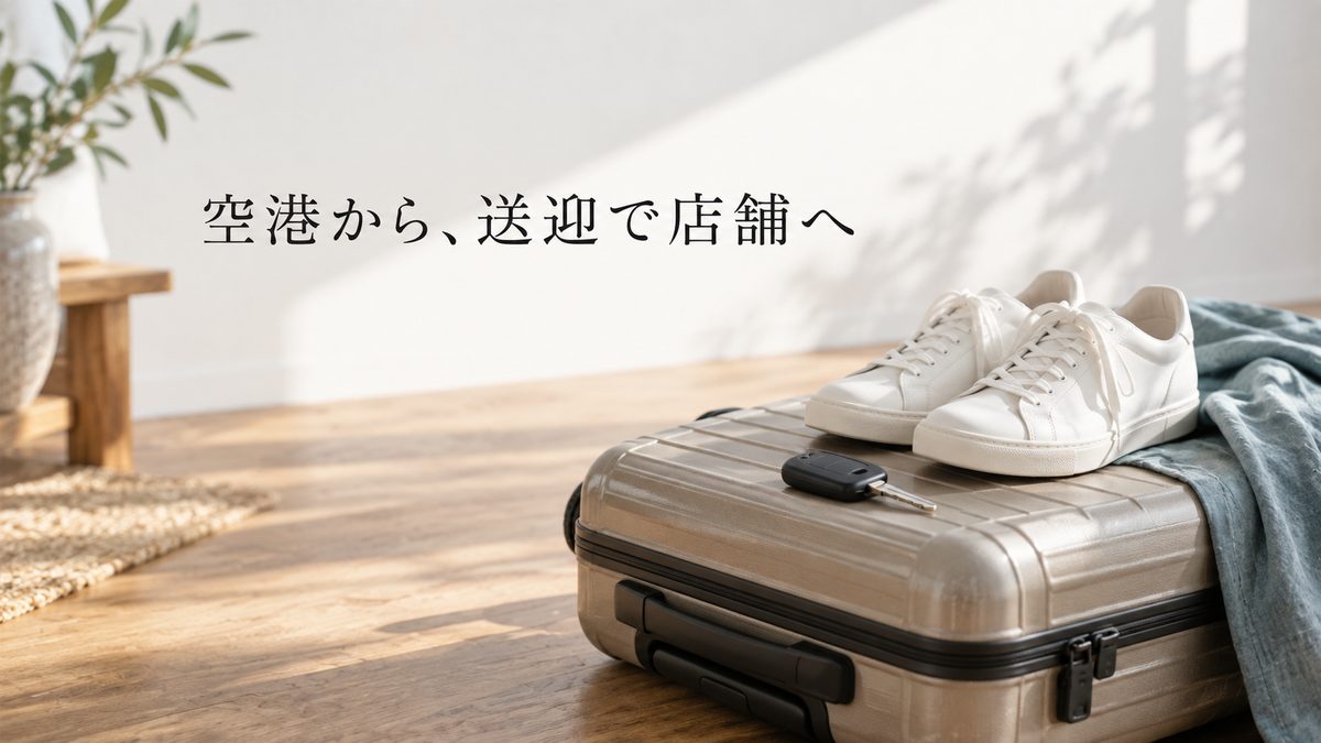 空港から、送迎で店舗へ。キャリーケースと車のキー