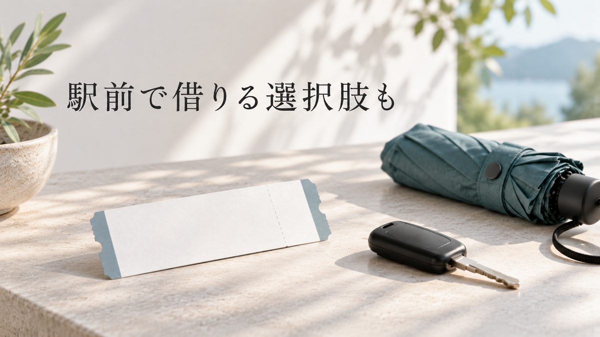 駅前で借りる選択肢も。切符と車のキー、折りたたみ傘