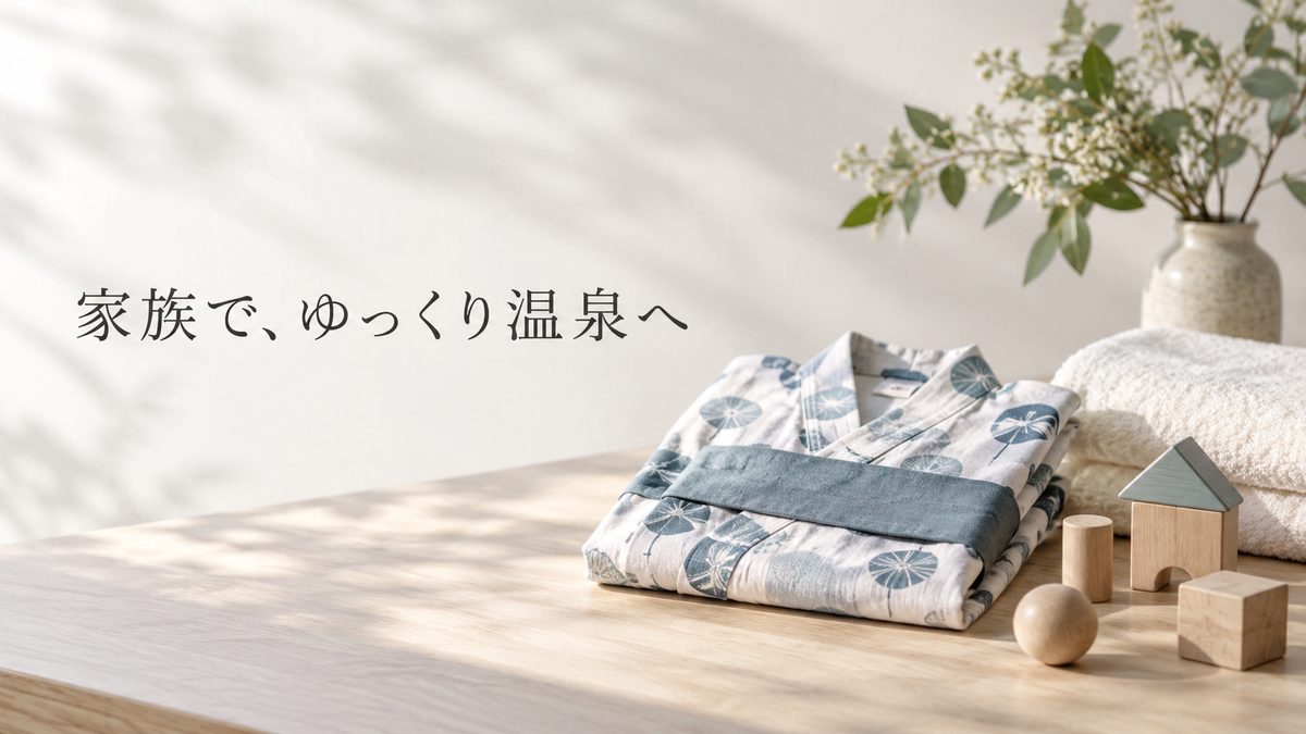 家族で、ゆっくり温泉へ。子ども用の浴衣と積み木