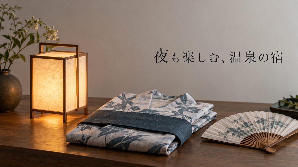 夜も楽しむ、温泉の宿。行灯の灯りと浴衣、扇子