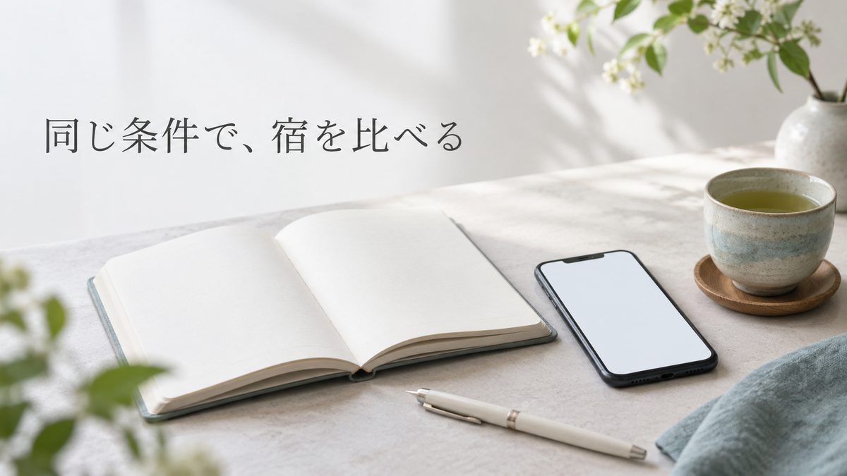 同じ条件で、宿を比べる。ノートとスマートフォン