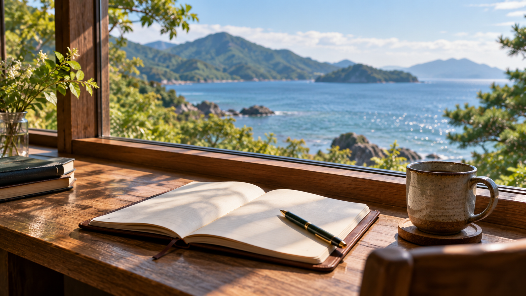 海と山を望む窓辺と旅のノート