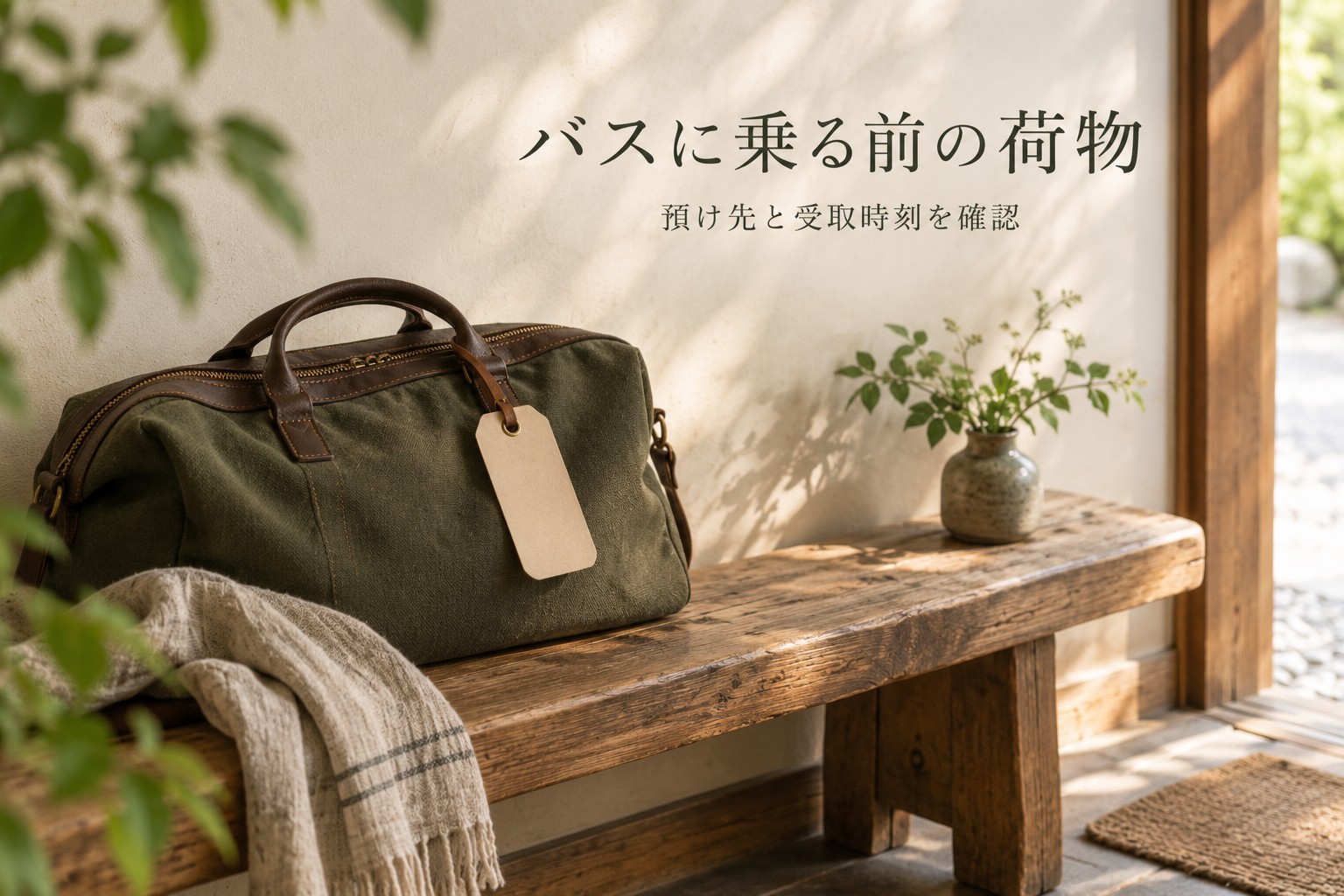 バスに乗る前の荷物の預け先と受取時刻を確認する、旅鞄と荷物タグの静物